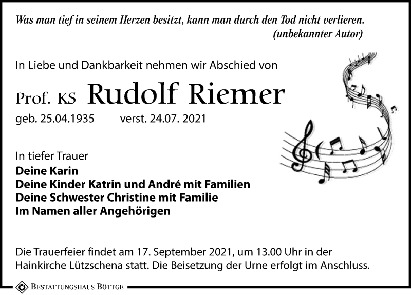  Traueranzeige für Rudolf Riemer vom 07.08.2021 aus Leipziger Volkszeitung