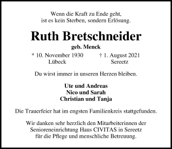 Traueranzeige von Ruth Bretschneider von Lübecker Nachrichten