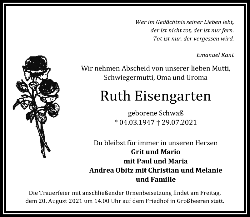  Traueranzeige für Ruth Eisengarten vom 07.08.2021 aus Märkischen Allgemeine Zeitung