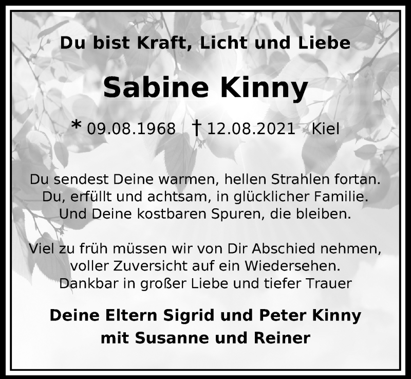  Traueranzeige für Sabine Kinny vom 21.08.2021 aus Kieler Nachrichten