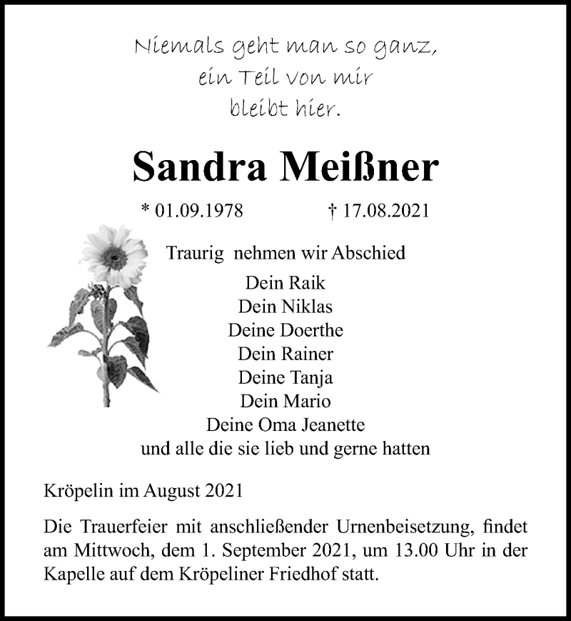  Traueranzeige für Sandra Meißner vom 21.08.2021 aus Ostsee-Zeitung GmbH