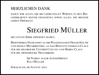 Traueranzeige von Siegfried Müller von Ostsee-Zeitung GmbH