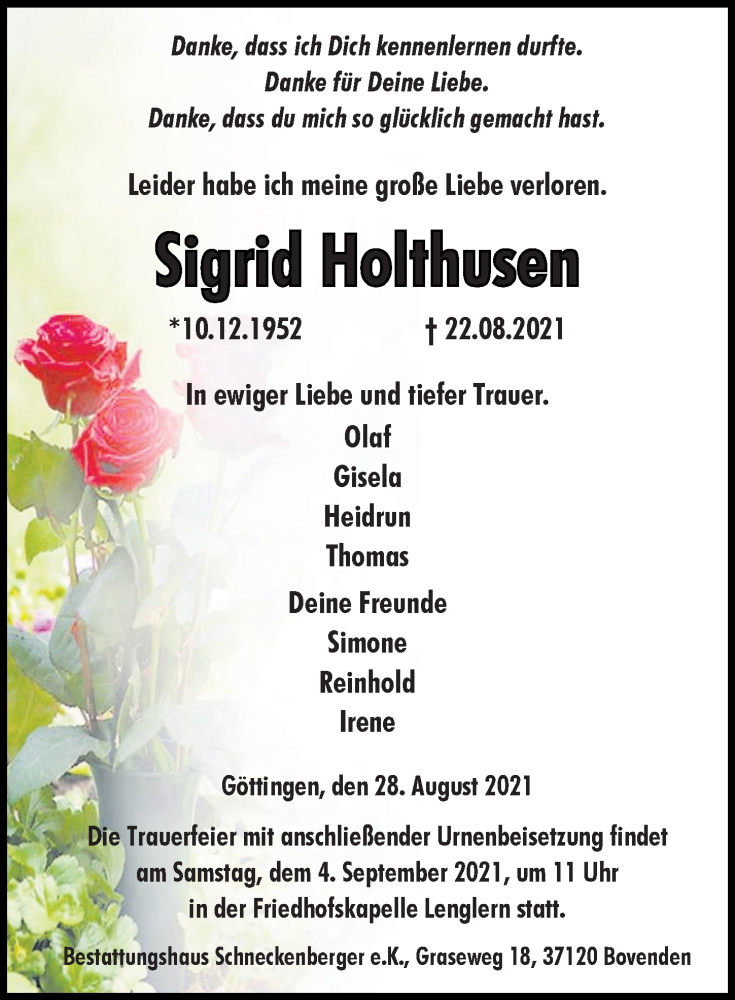  Traueranzeige für Sigrid Holthusen vom 28.08.2021 aus Göttinger Tageblatt