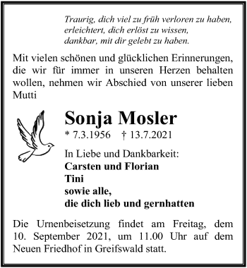 Traueranzeige von Sonja Mosler von Ostsee-Zeitung GmbH
