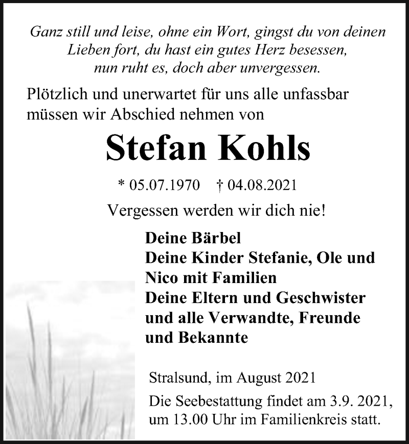  Traueranzeige für Stefan Kohls vom 14.08.2021 aus Ostsee-Zeitung GmbH