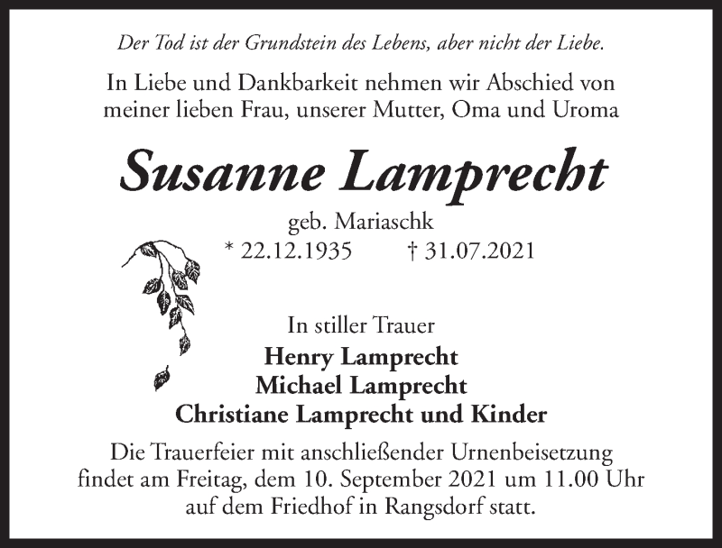  Traueranzeige für Susanne Lamprecht vom 14.08.2021 aus Märkischen Allgemeine Zeitung