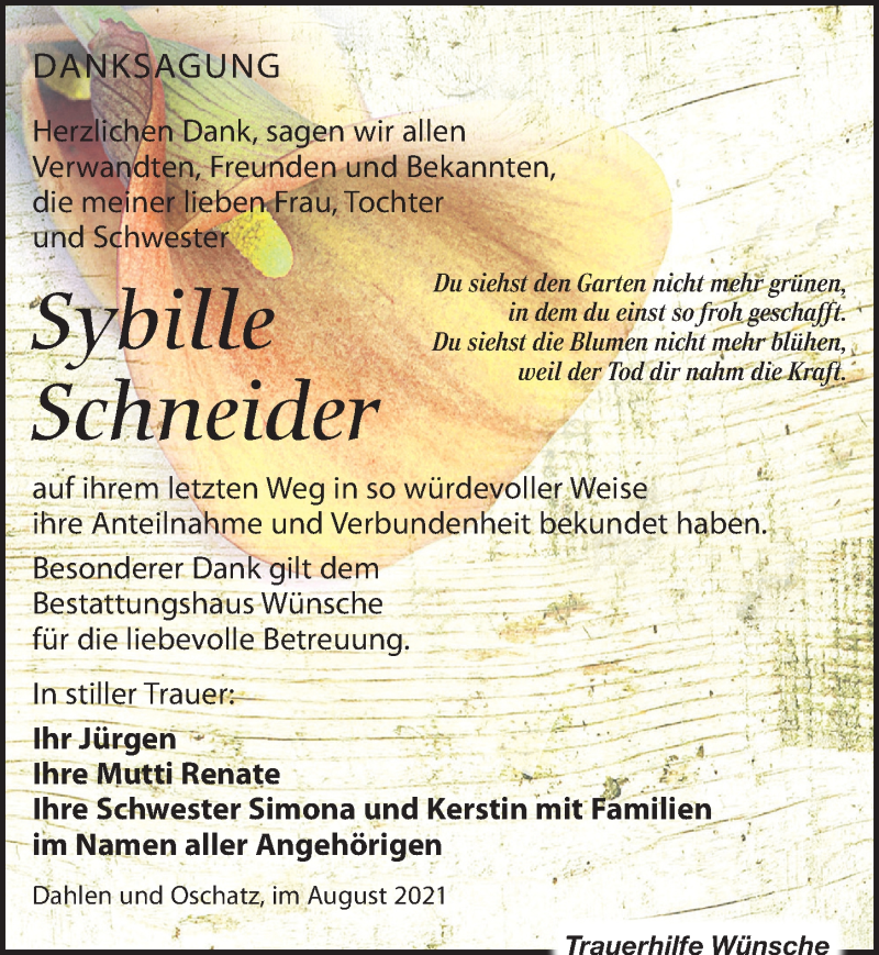  Traueranzeige für Sybille Schneider vom 28.08.2021 aus Leipziger Volkszeitung
