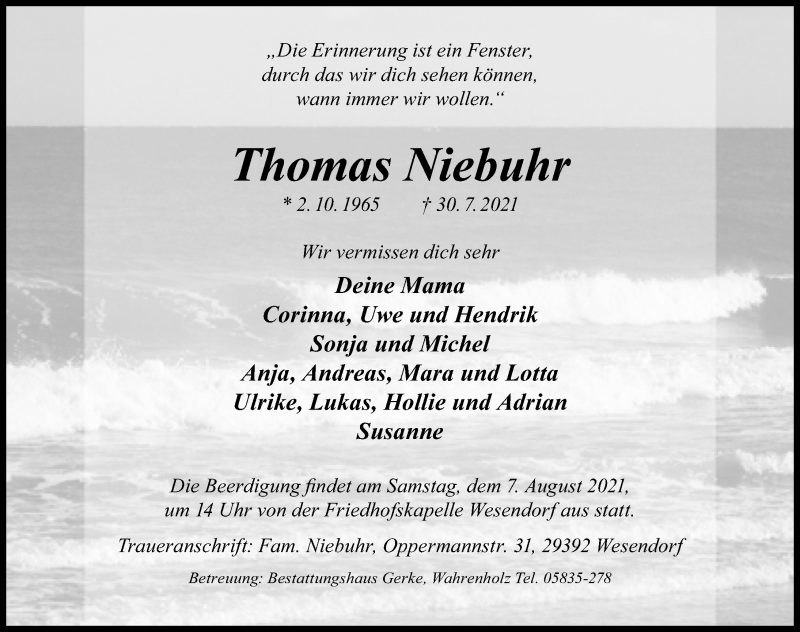  Traueranzeige für Thomas Niebuhr vom 04.08.2021 aus Ostsee-Zeitung GmbH