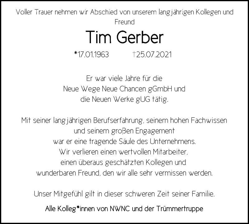  Traueranzeige für Tim Gerber vom 07.08.2021 aus Göttinger Tageblatt