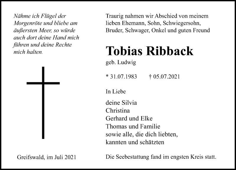  Traueranzeige für Tobias Ribback vom 07.08.2021 aus Ostsee-Zeitung GmbH