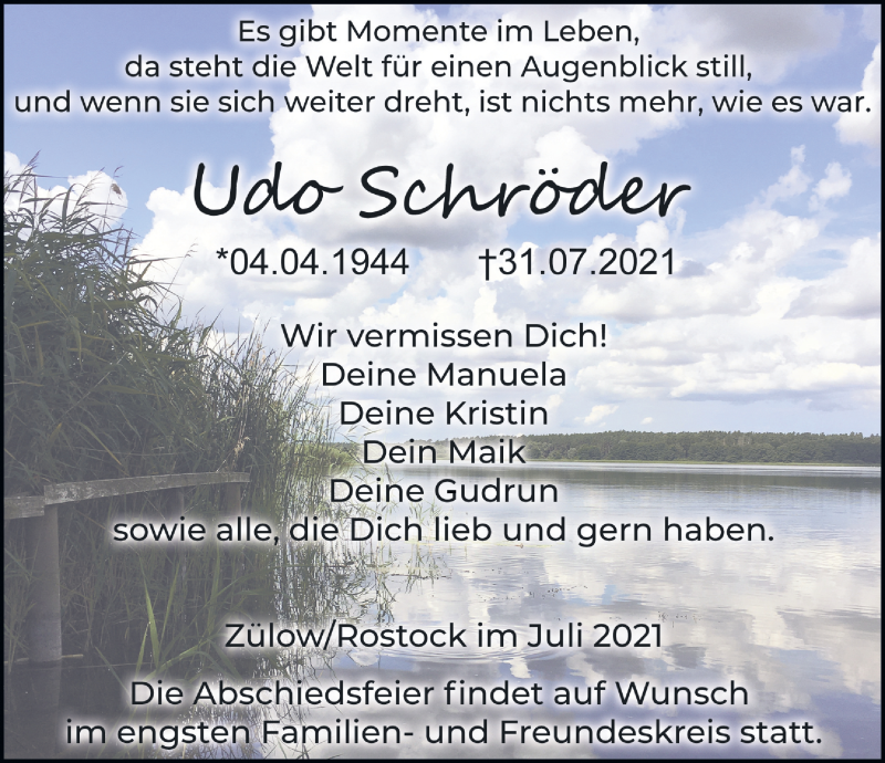  Traueranzeige für Udo Schröder vom 07.08.2021 aus Ostsee-Zeitung GmbH