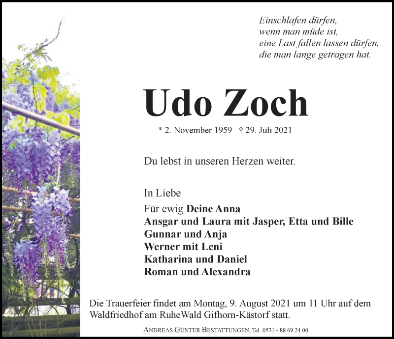  Traueranzeige für Udo Zoch vom 04.08.2021 aus Aller Zeitung