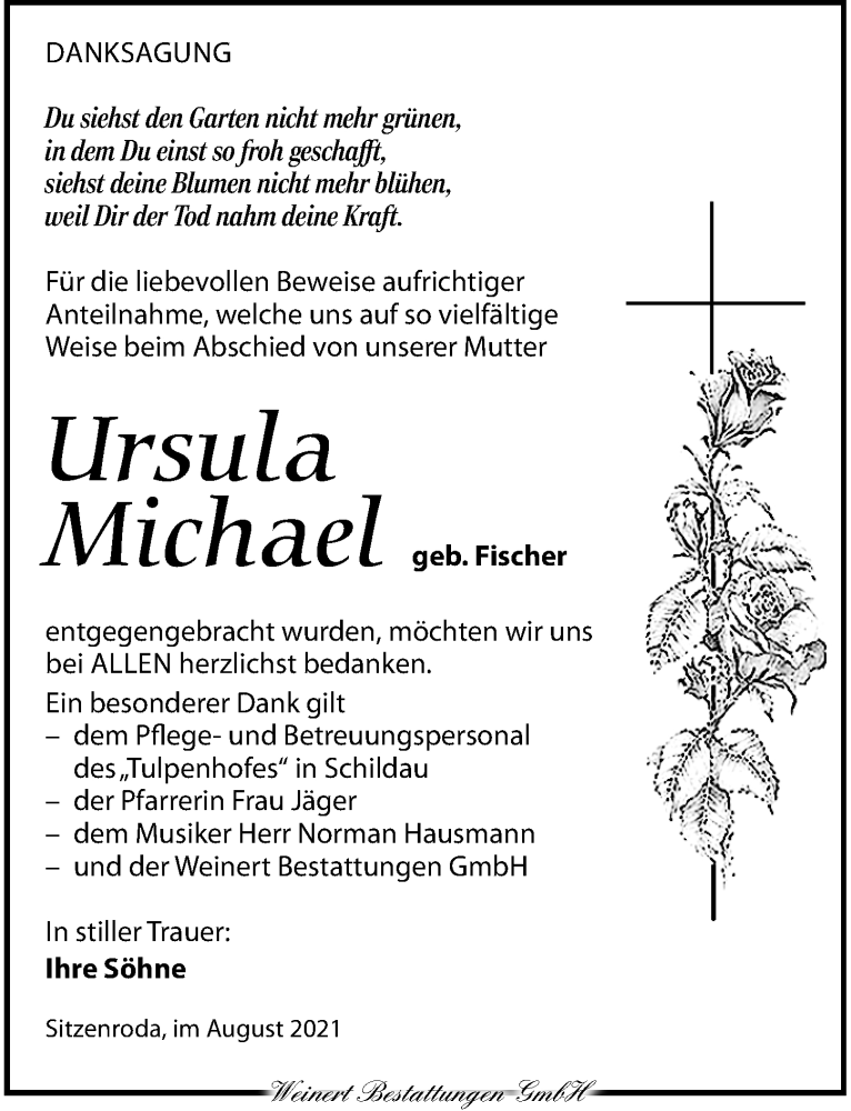  Traueranzeige für Ursula Michael vom 14.08.2021 aus Torgauer Zeitung
