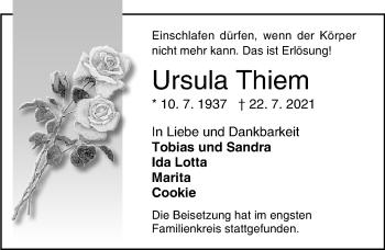 Traueranzeige von Ursula Thiem von Lübecker Nachrichten