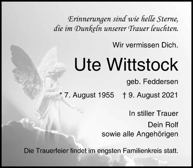  Traueranzeige für Ute Wittstock vom 15.08.2021 aus Lübecker Nachrichten