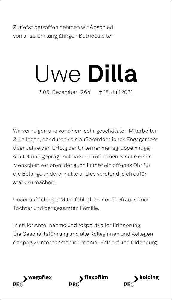  Traueranzeige für Uwe Dilla vom 07.08.2021 aus Märkischen Allgemeine Zeitung