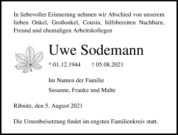 Traueranzeige von Uwe Sodemann von Ostsee-Zeitung GmbH