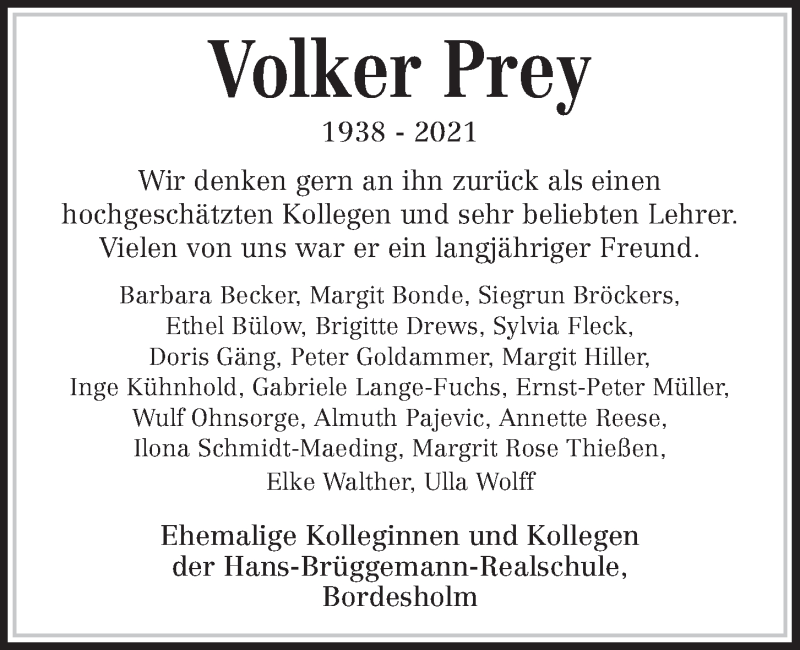  Traueranzeige für Volker Prey vom 07.08.2021 aus Kieler Nachrichten