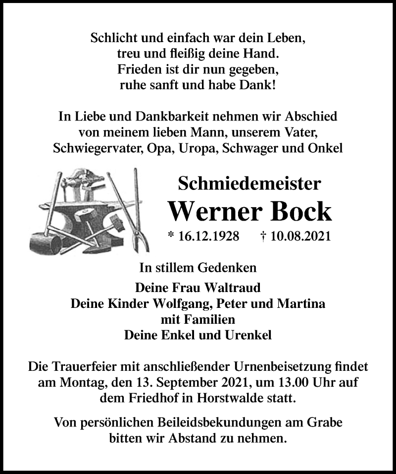  Traueranzeige für Werner Bock vom 21.08.2021 aus Märkischen Allgemeine Zeitung
