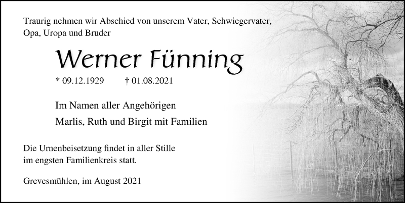  Traueranzeige für Werner Fünning vom 05.08.2021 aus Ostsee-Zeitung GmbH