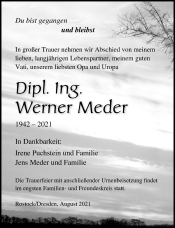 Traueranzeige von Werner Meder von Ostsee-Zeitung GmbH