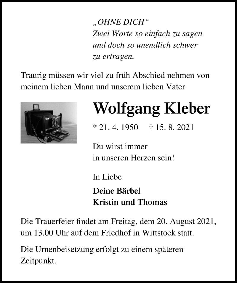  Traueranzeige für Wolfgang Kleber vom 19.08.2021 aus Märkischen Allgemeine Zeitung
