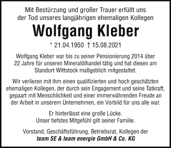 Traueranzeige von Wolfgang Kleber von Märkischen Allgemeine Zeitung
