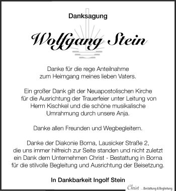 Traueranzeige von Wolfgang Stein von Leipziger Volkszeitung