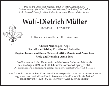 Traueranzeige von Wulf-Dietrich Müller von Kieler Nachrichten