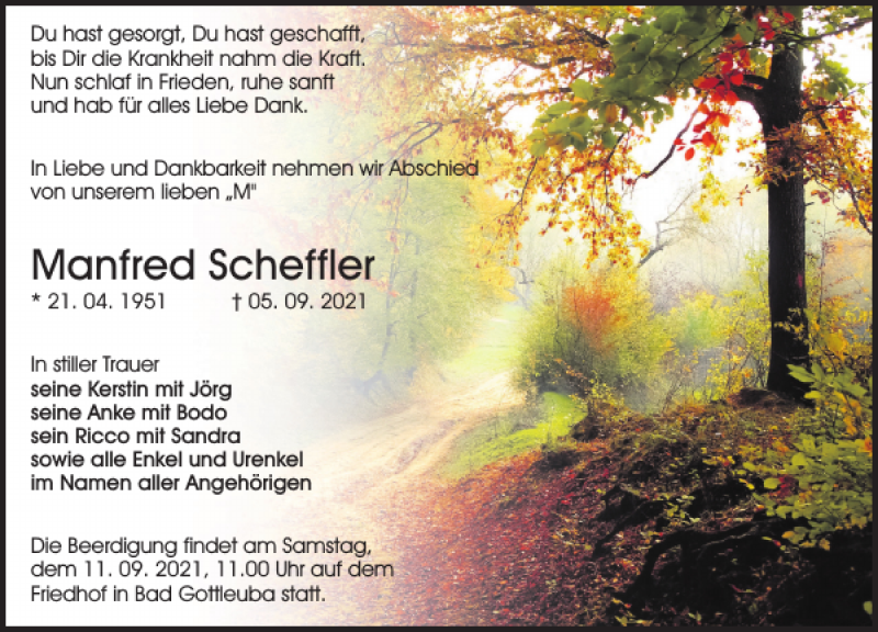  Traueranzeige für Manfred Scheffler vom 08.09.2021 aus Sächsische Zeitung
