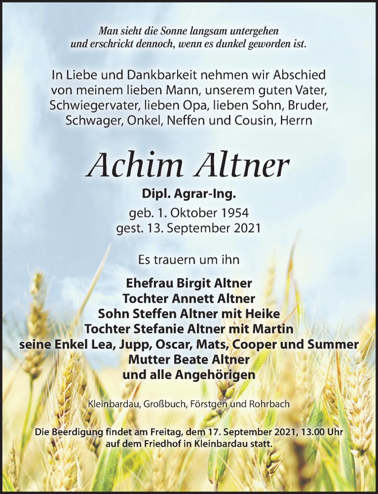  Traueranzeige für Achim Altner vom 15.09.2021 aus Leipziger Volkszeitung