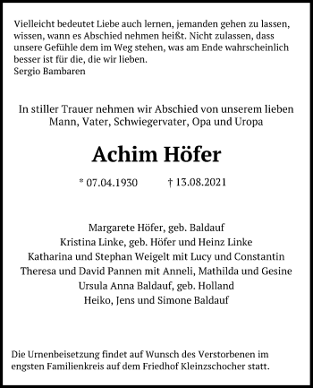 Traueranzeige von Achim Höfer von Leipziger Volkszeitung