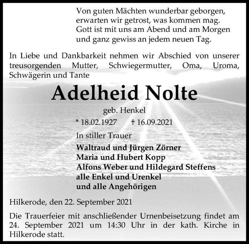  Traueranzeige für Adelheid Nolte vom 22.09.2021 aus Eichsfelder Tageblatt