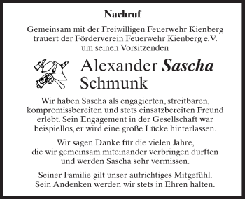 Traueranzeige von Alexander Sascha Schmunk von Märkischen Allgemeine Zeitung