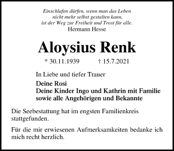 Traueranzeige von Aloysius Renk von Lübecker Nachrichten