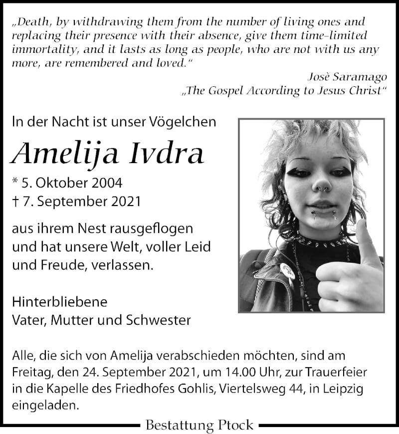  Traueranzeige für Amelija Ivdra vom 18.09.2021 aus Leipziger Volkszeitung