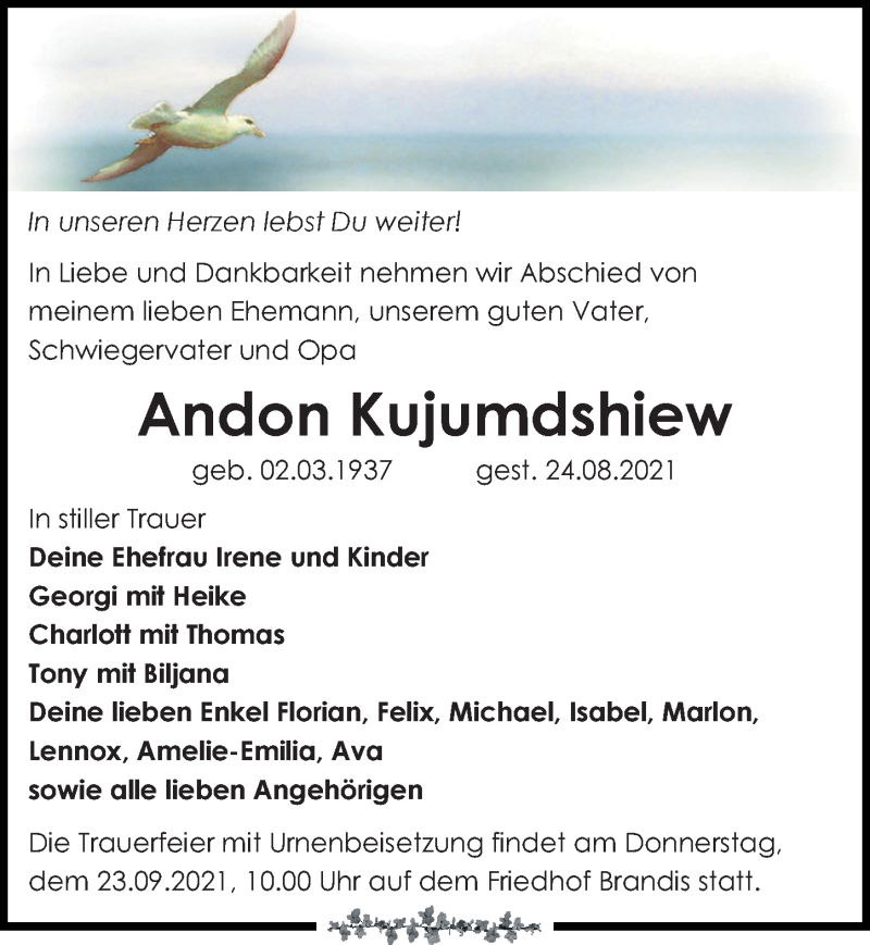  Traueranzeige für Andon Kujumdshiew vom 04.09.2021 aus Leipziger Volkszeitung