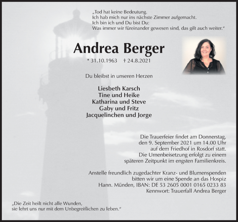  Traueranzeige für Andrea Berger vom 04.09.2021 aus Göttinger Tageblatt