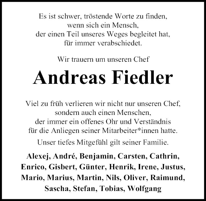  Traueranzeige für Andreas Fiedler vom 17.09.2021 aus Göttinger Tageblatt