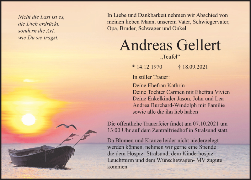  Traueranzeige für Andreas Gellert vom 25.09.2021 aus Ostsee-Zeitung GmbH