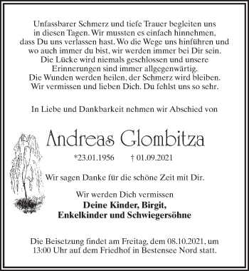 Traueranzeige von Andreas Glombitza von Märkischen Allgemeine Zeitung