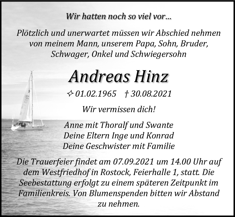  Traueranzeige für Andreas Hinz vom 04.09.2021 aus Ostsee-Zeitung GmbH