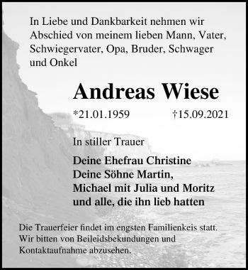 Traueranzeige von Andreas Wiese von Ostsee-Zeitung GmbH