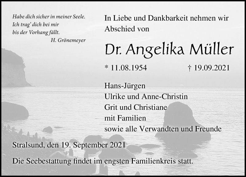  Traueranzeige für Angelika Müller vom 25.09.2021 aus Ostsee-Zeitung GmbH