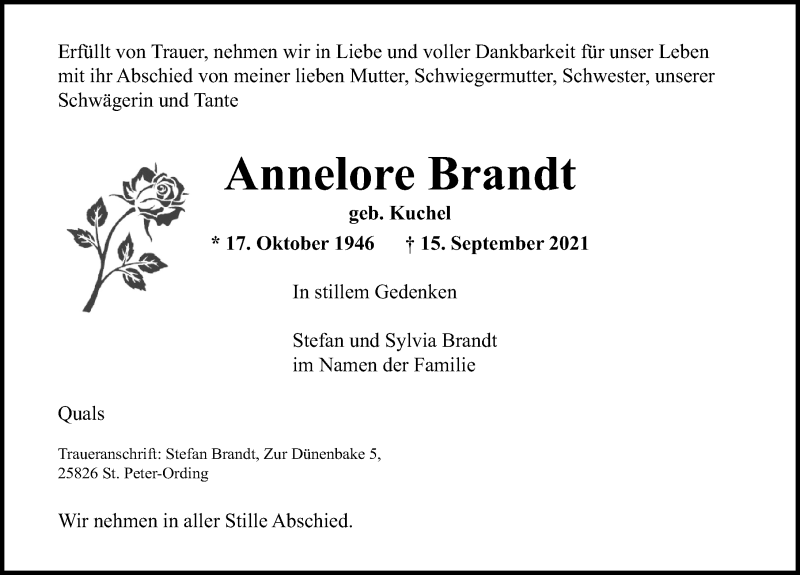  Traueranzeige für Annelore Brandt vom 22.09.2021 aus Lübecker Nachrichten