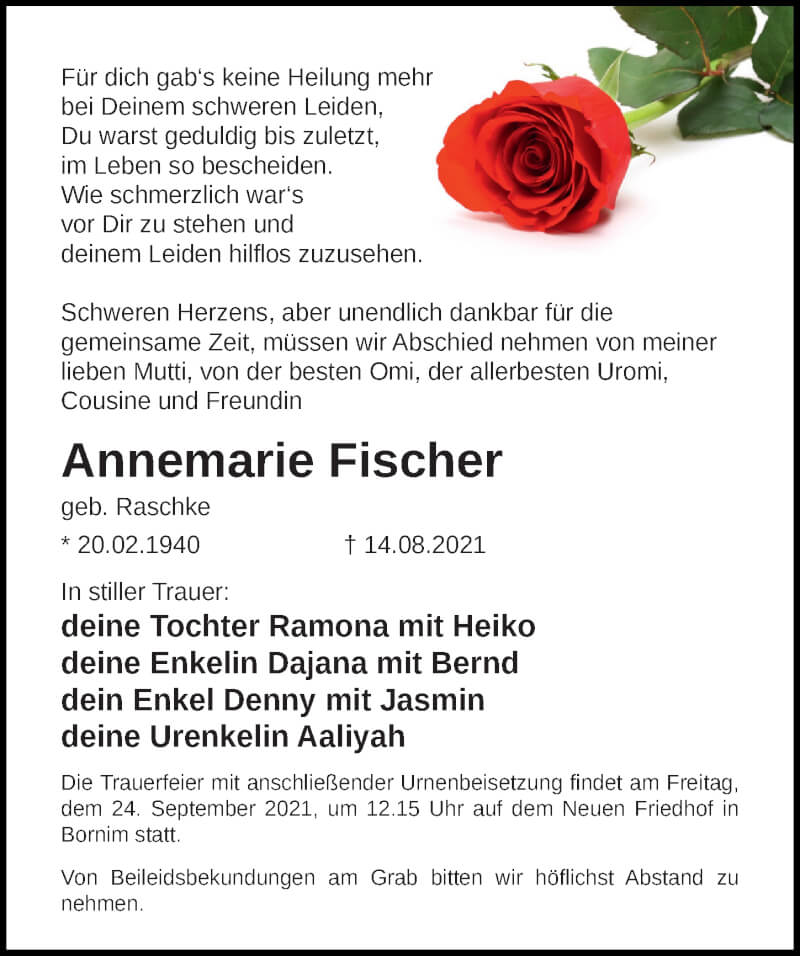  Traueranzeige für Annemarie Fischer vom 18.09.2021 aus Märkischen Allgemeine Zeitung
