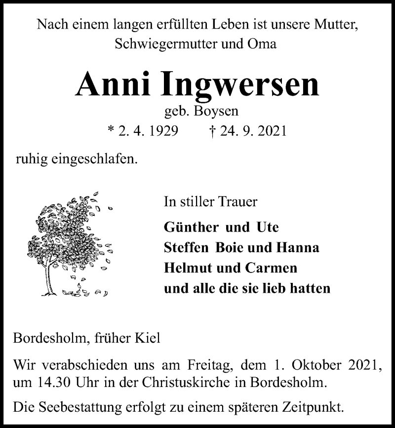  Traueranzeige für Anni Ingwersen vom 25.09.2021 aus Kieler Nachrichten
