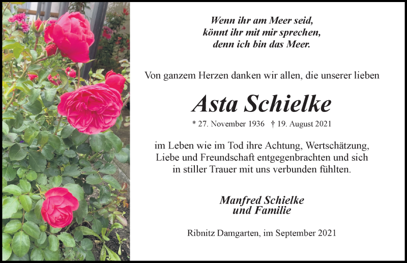  Traueranzeige für Asta Schielke vom 25.09.2021 aus Ostsee-Zeitung GmbH