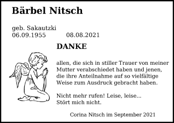 Traueranzeige von Bärbel Nitsch von Ostsee-Zeitung GmbH
