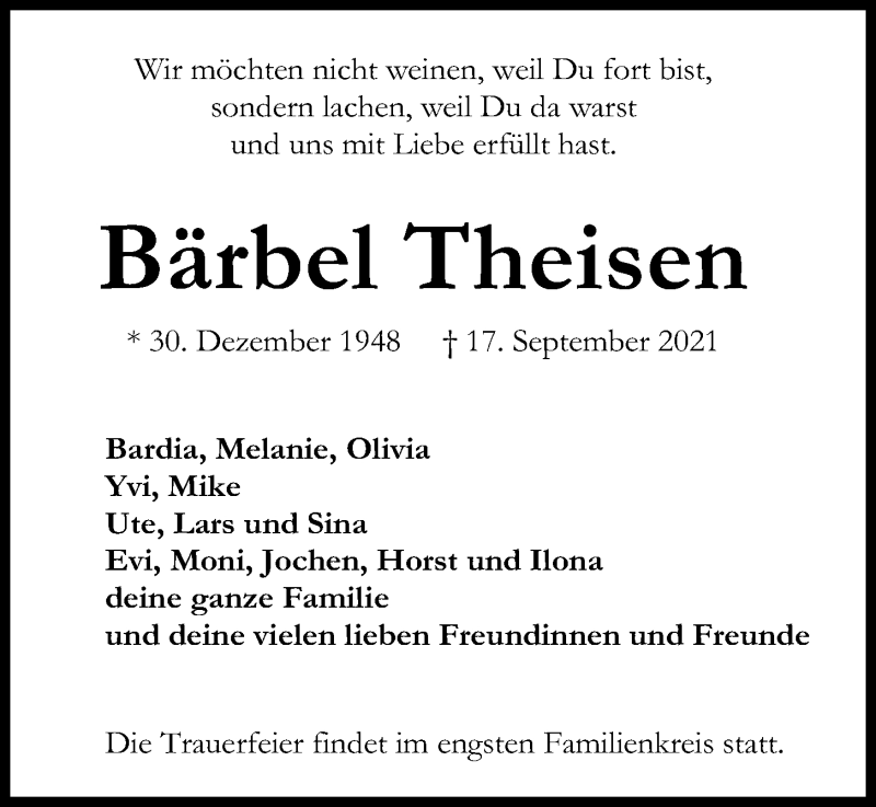 Traueranzeige für Bärbel Theisen vom 25.09.2021 aus Kieler Nachrichten